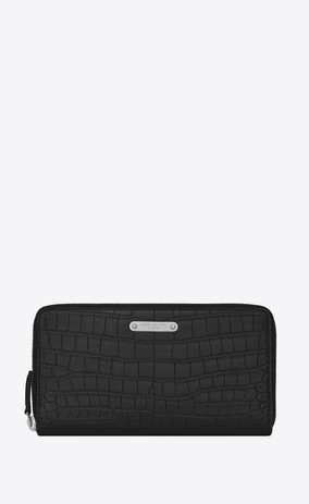 SAINT LAURENT ID SLG Man ID Zip Around Wallet in Black crocodile embossed leather a_V4